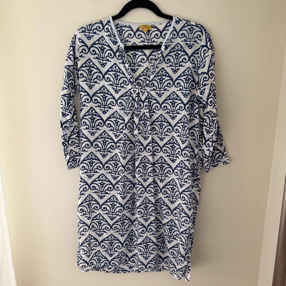 Roberta Roller Rabbit Blue White Cotton Block Print Tunic Dress Small